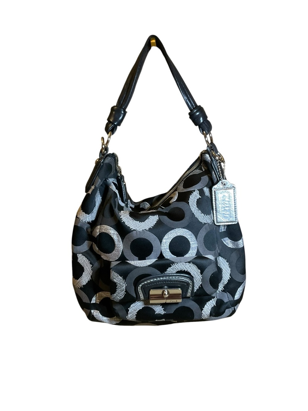 Coach Kristin OP Art Medium Black & Silver Circle-Print Hobo Shoulder Bag 15354